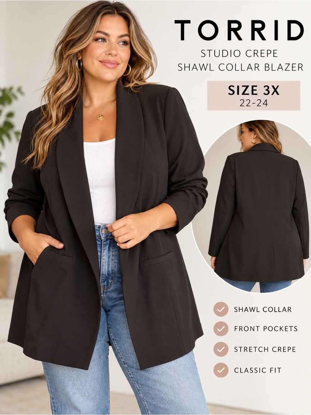 Torrid Studio Crepe Classic Shawl Collar Blazer Black 3X 22/24 NWT